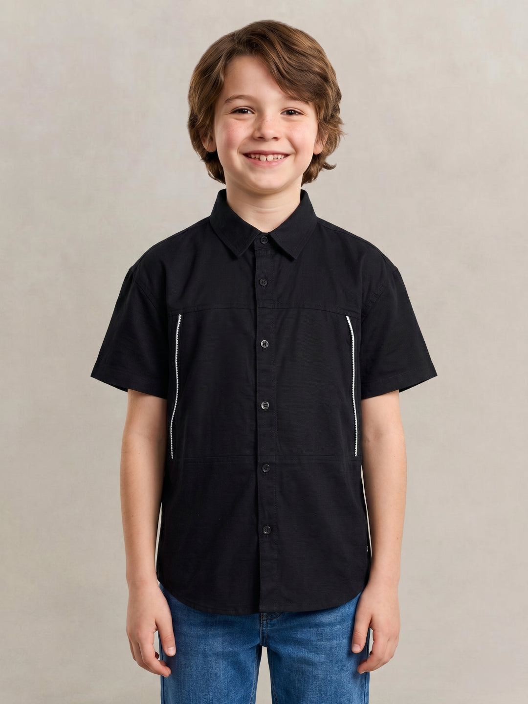 Blue Giraffe Boys Black Solid Pure Cotton Shirt