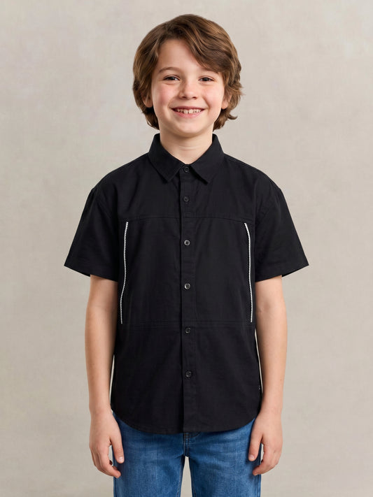 Blue Giraffe Boys Black Solid Pure Cotton Shirt