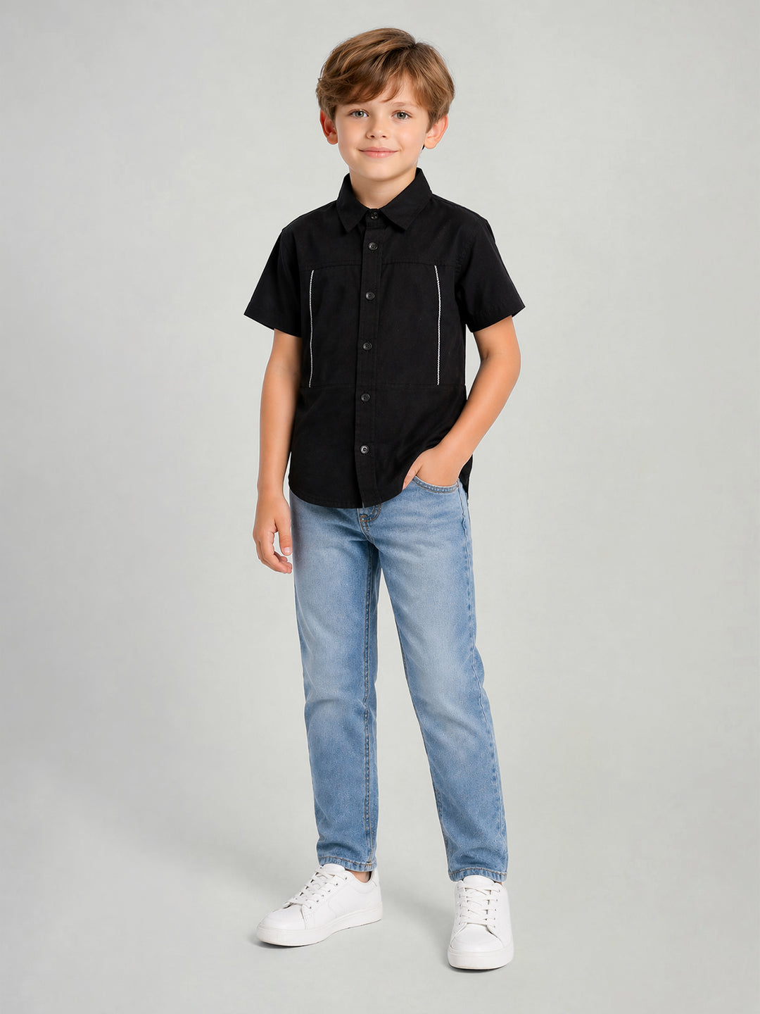 Blue Giraffe Boys Black Solid Boxy Fit Pure Cotton Shirt