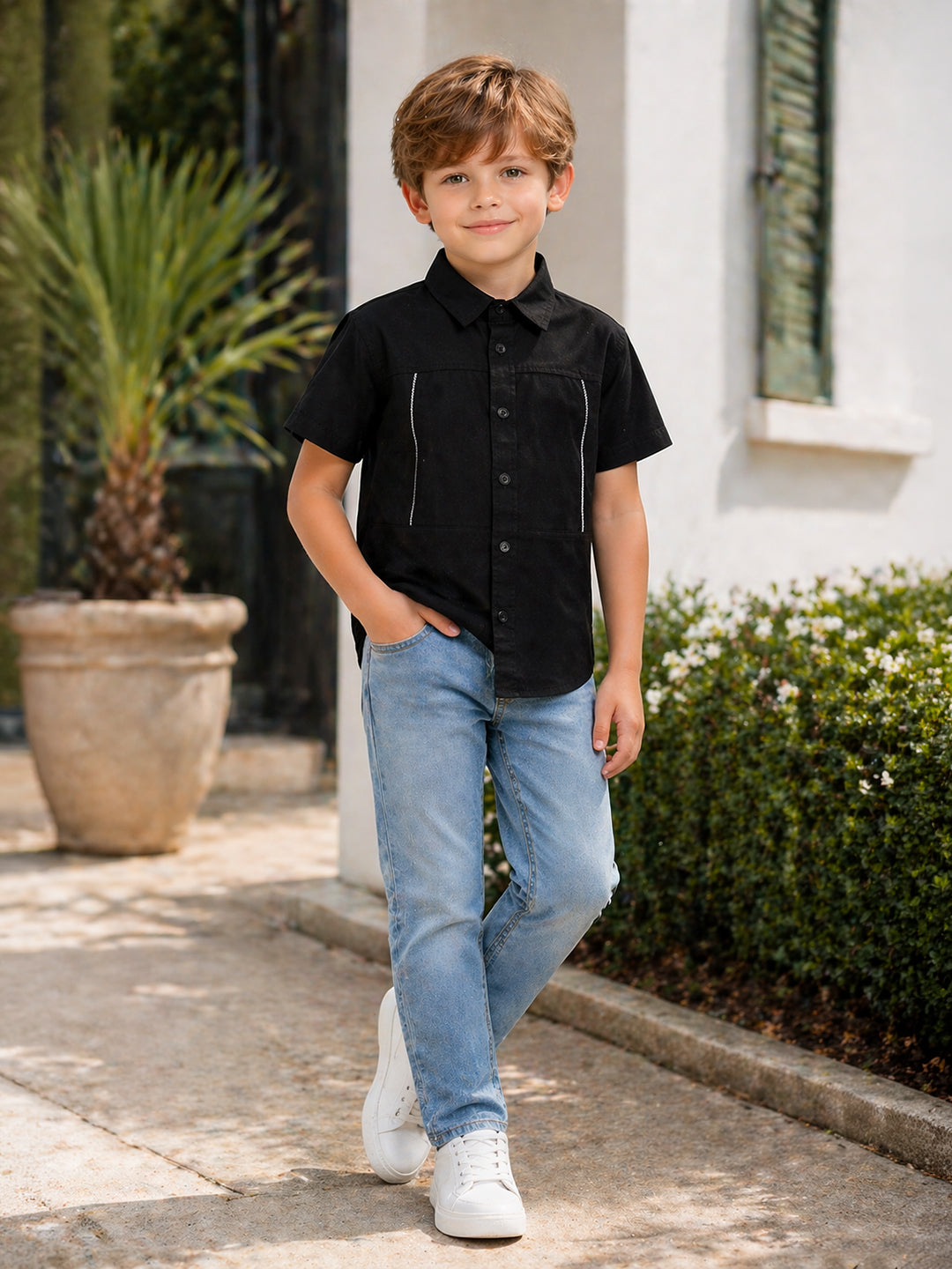 Blue Giraffe Boys Black Solid Boxy Fit Pure Cotton Shirt