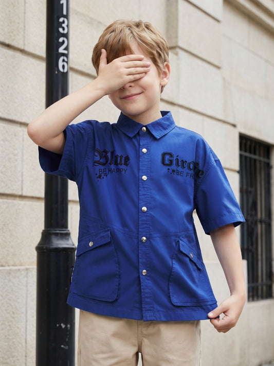 Blue Giraffe Boys Blue Printed Boxy Fit Pure Cotton Shirt