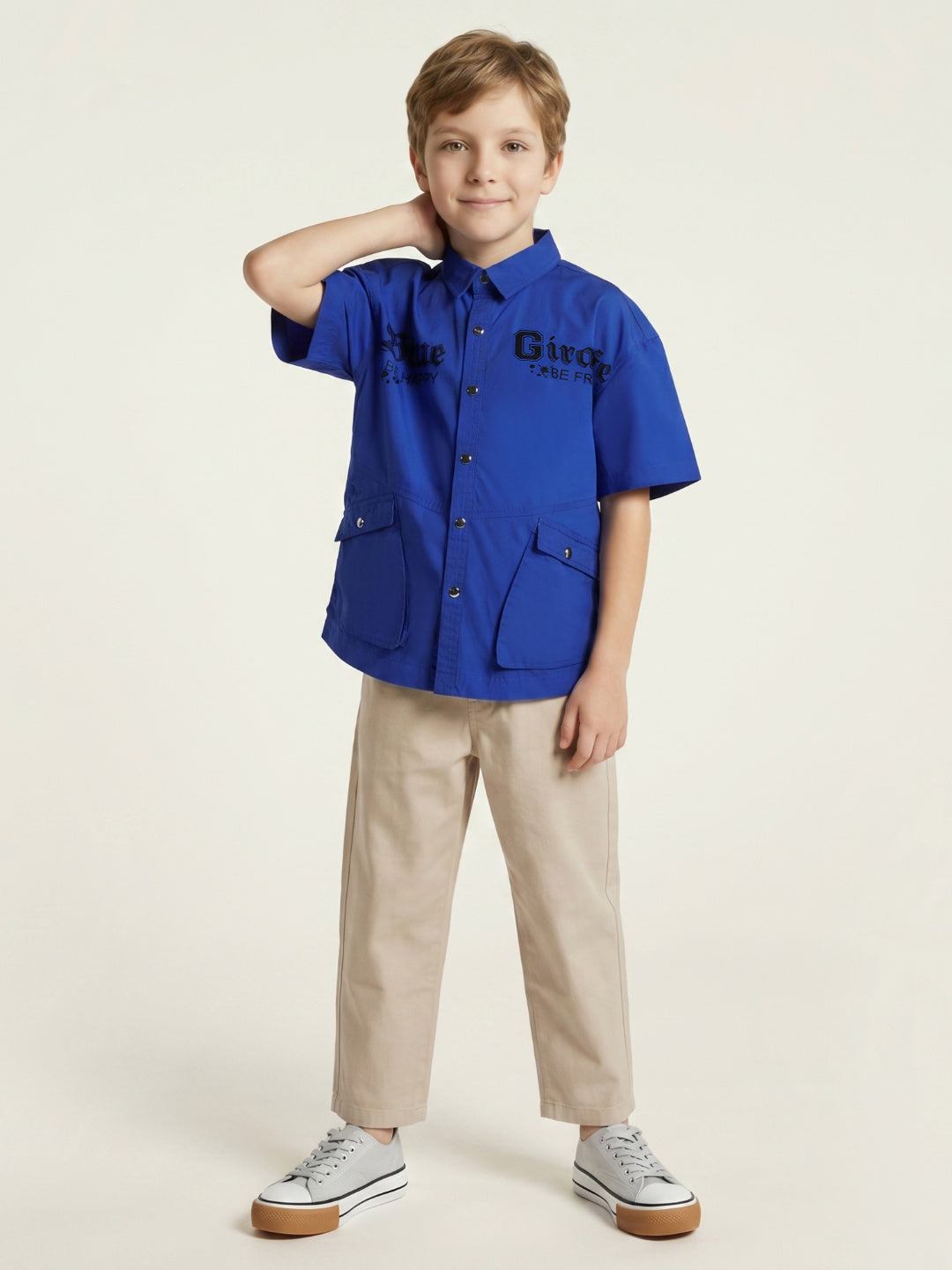 Blue Giraffe Boys Blue Printed Boxy Fit Pure Cotton Shirt