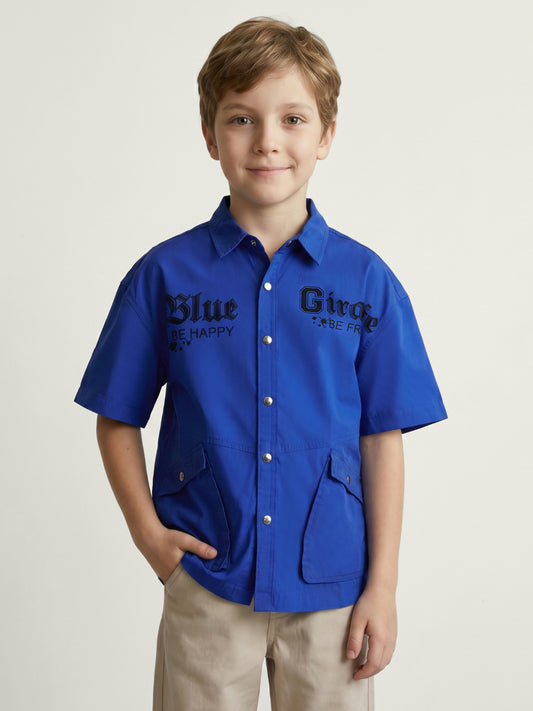 Blue Giraffe Boys Blue Printed Boxy Fit Pure Cotton Shirt