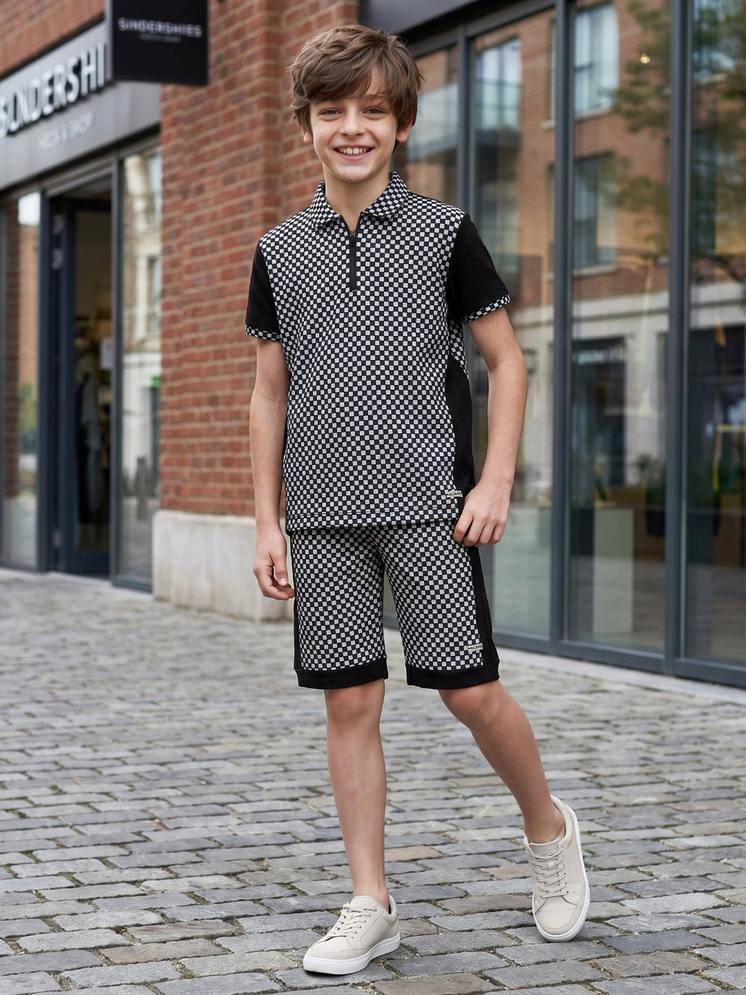 Blue Giraffe Black Checked Boys Shorts