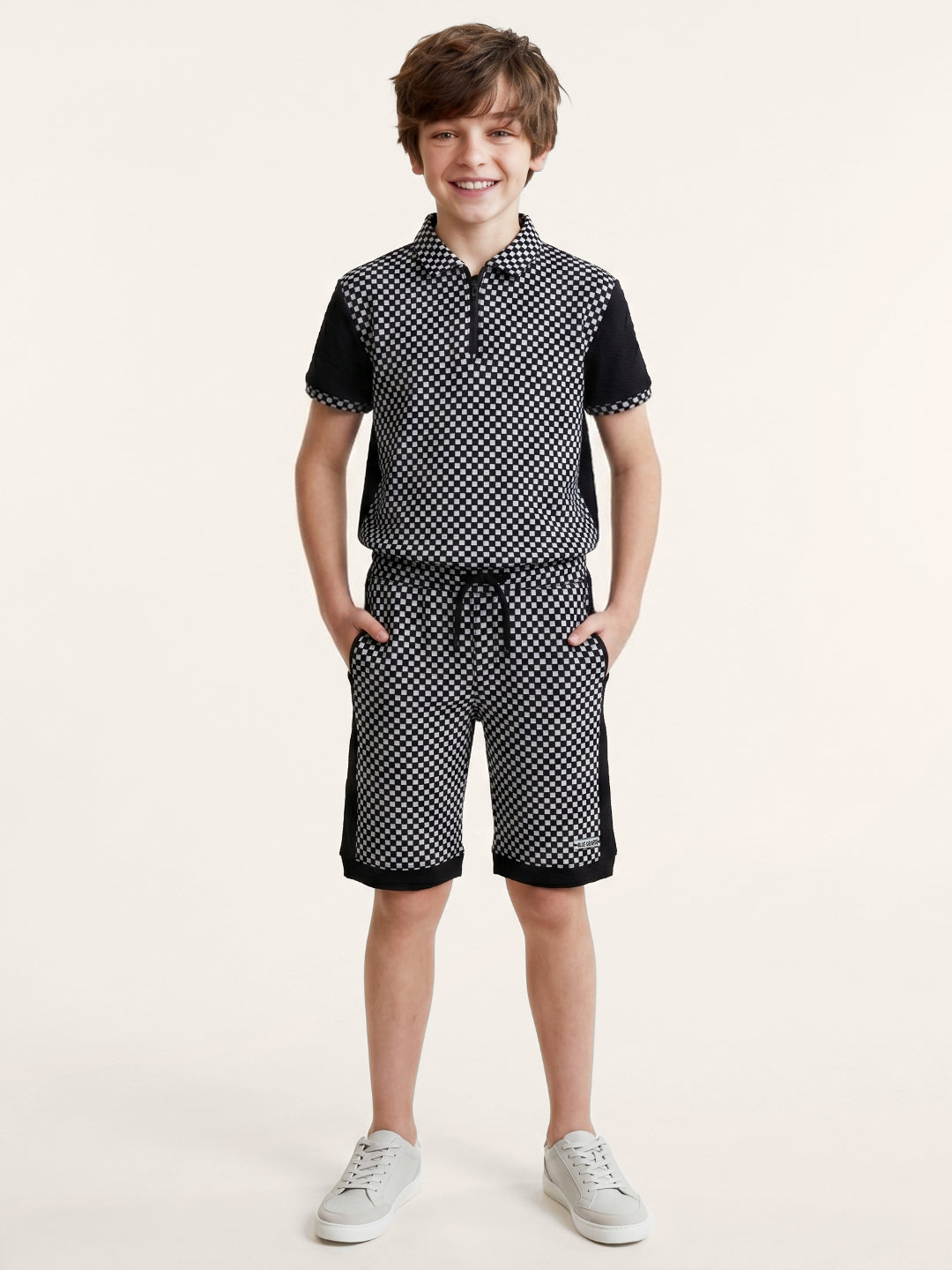 Blue Giraffe Black Checked Boys Shorts