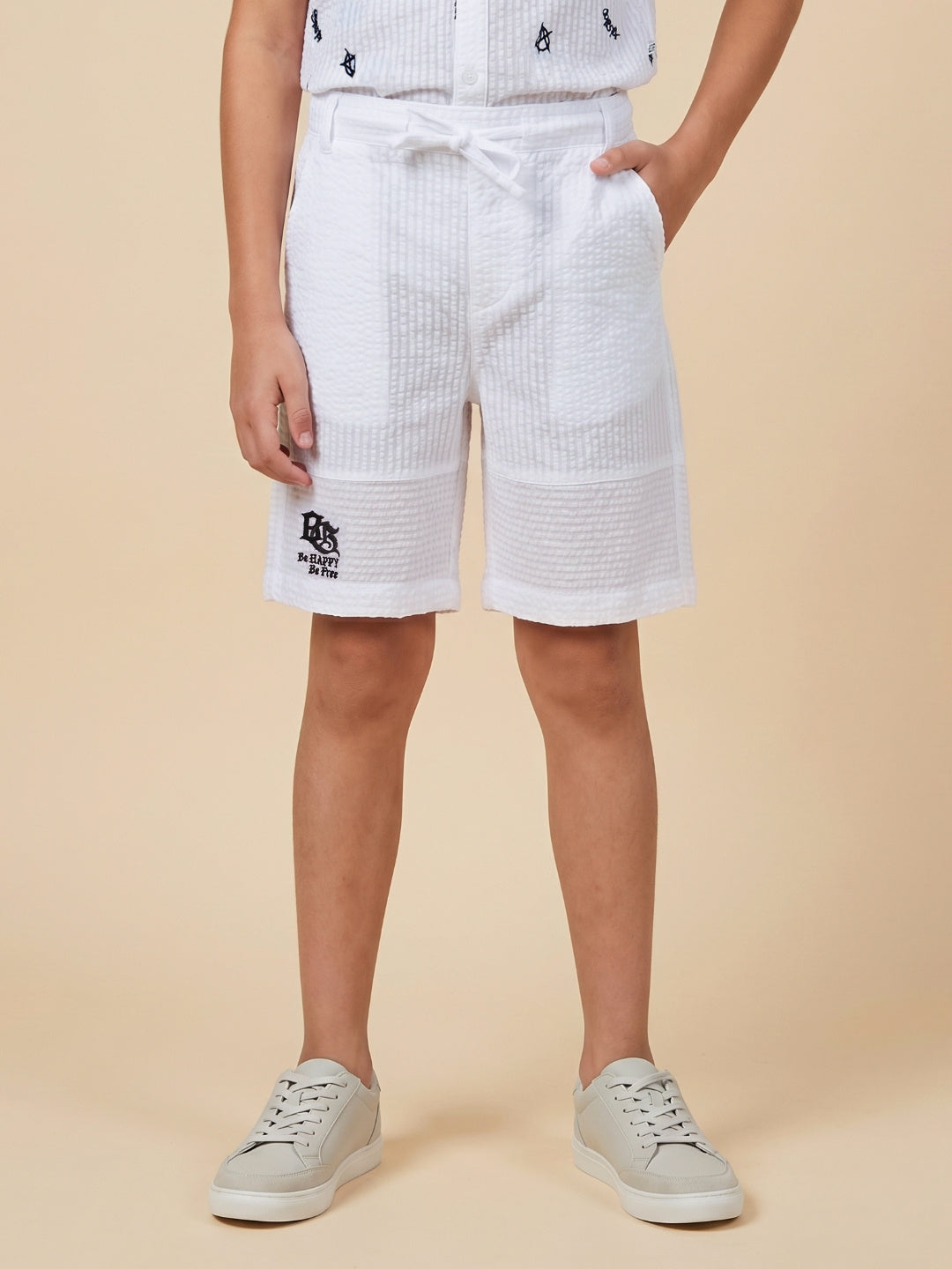 Blue Giraffe Boys White Striped Regular Fit Pure Cotton Shorts