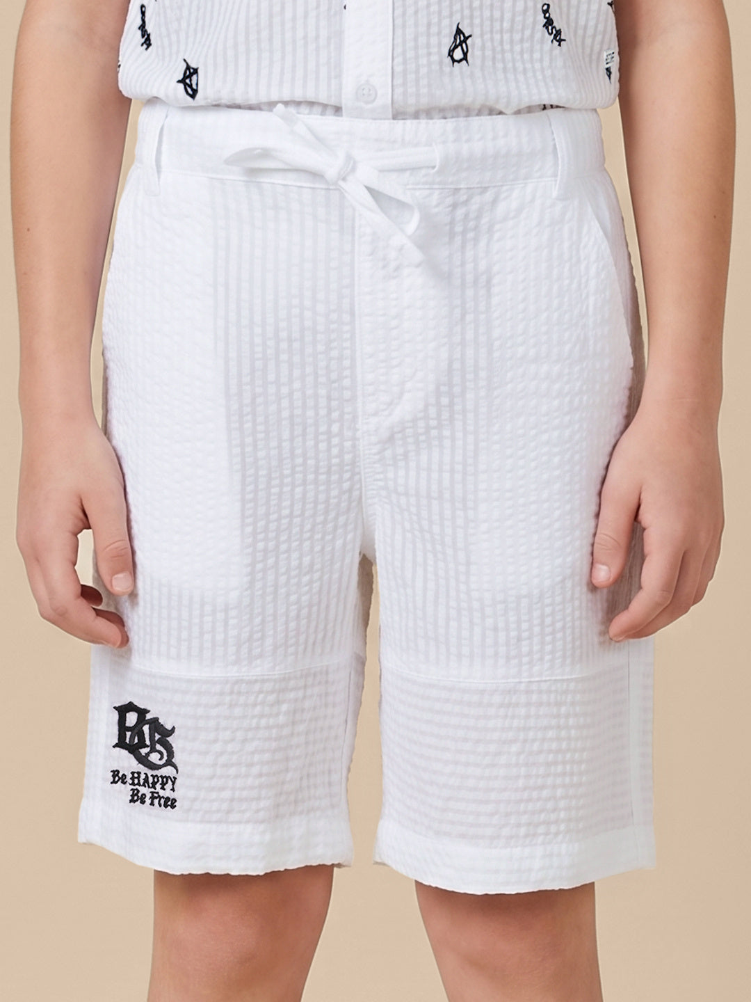 Blue Giraffe Boys White Striped Regular Fit Pure Cotton Shorts