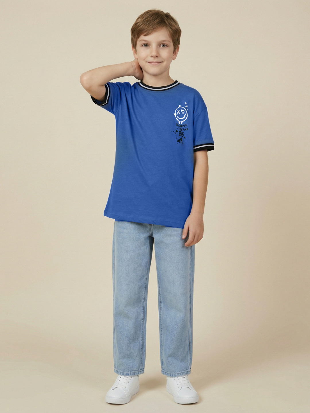 Blue Giraffe Boys Blue Printed Boxy Fit Pure Cotton T-Shirt