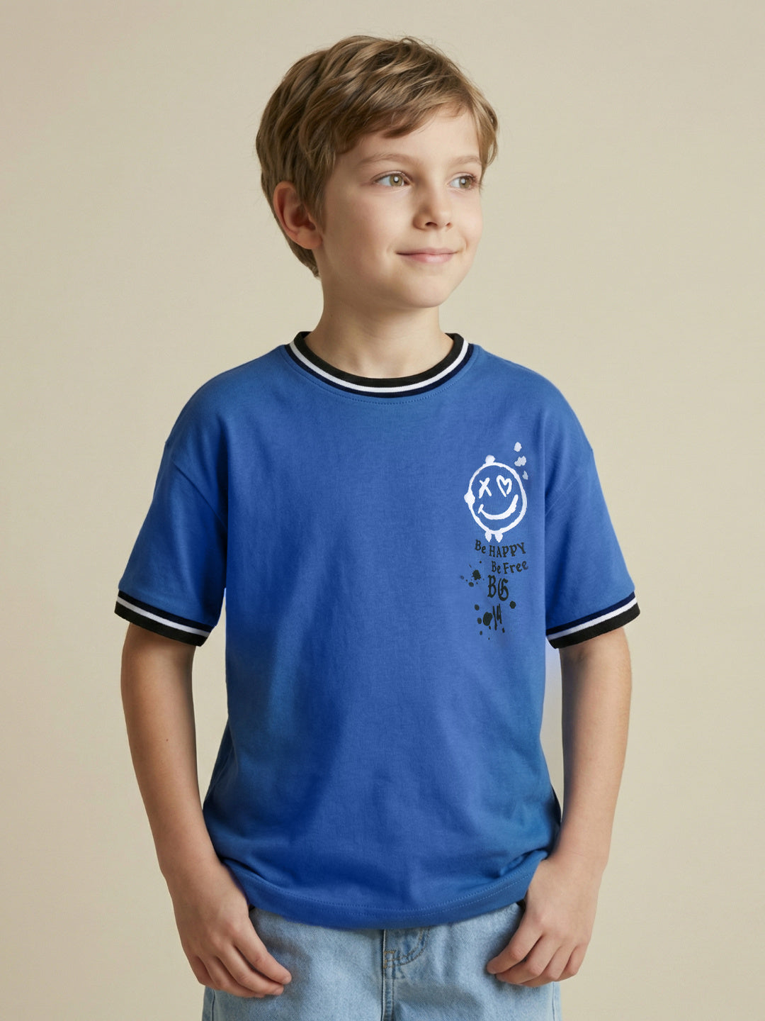 Blue Giraffe Boys Blue Printed Boxy Fit Pure Cotton T-Shirt