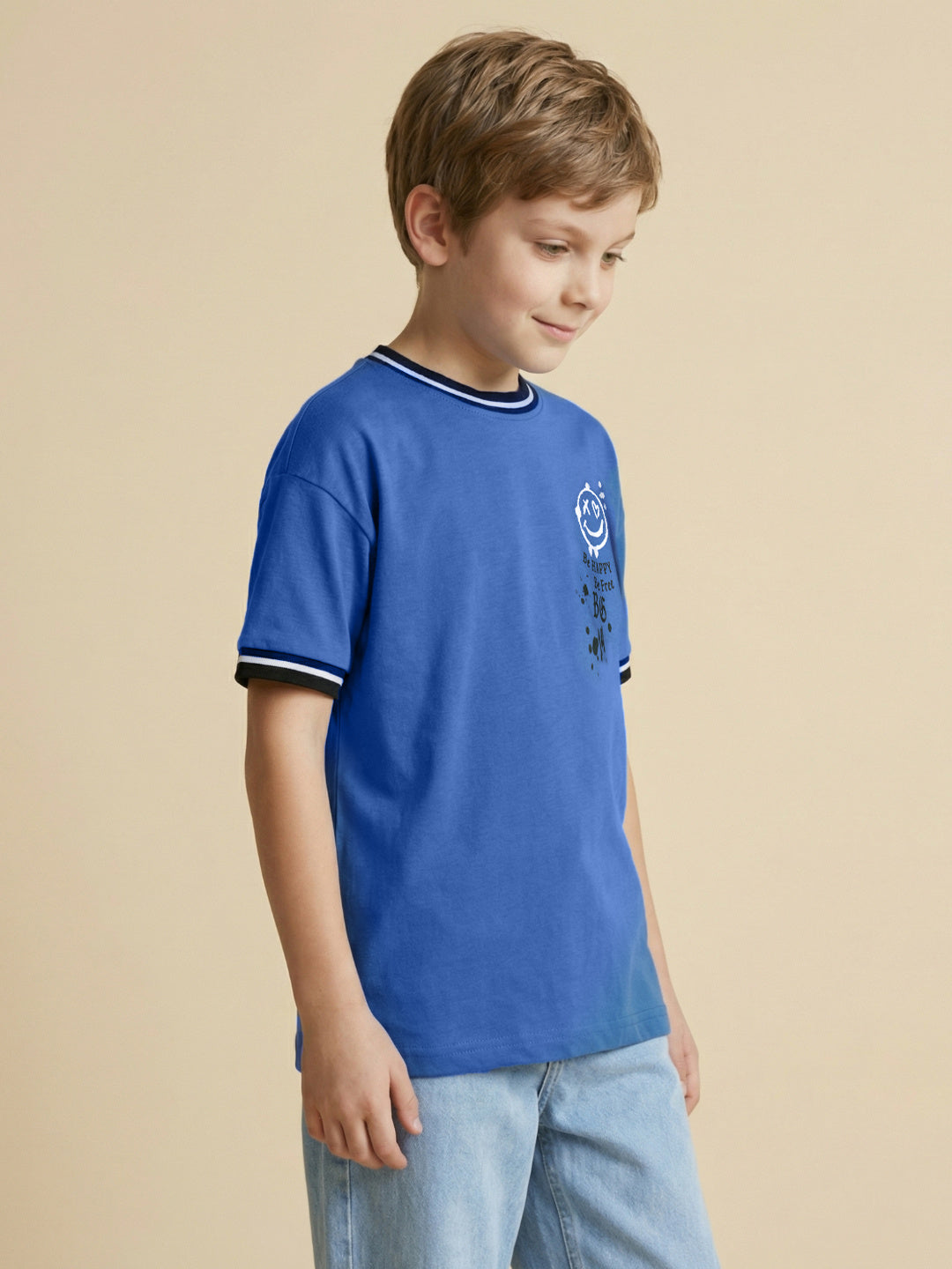 Blue Giraffe Boys Blue Printed Boxy Fit Pure Cotton T-Shirt
