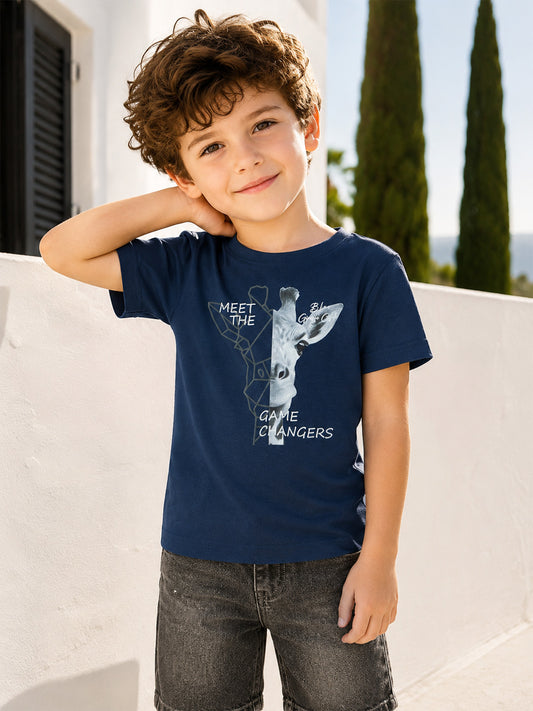 Blue Giraffe Boys Navy Blue Printed Regular Fit Pure Cotton T-Shirt