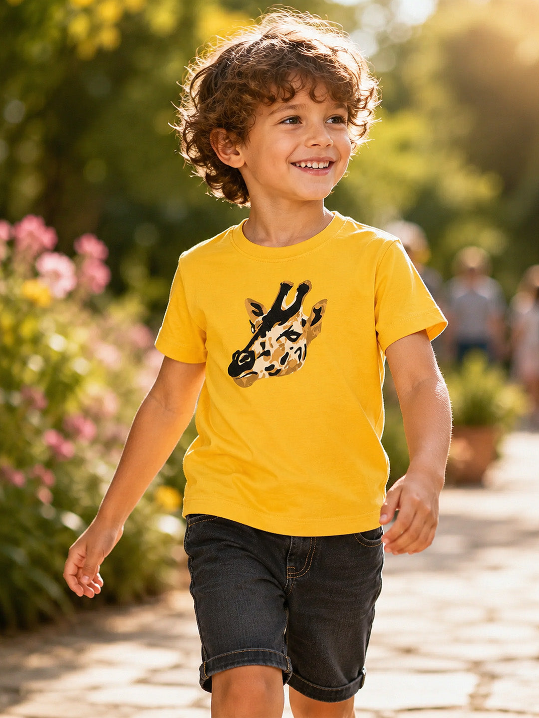 Blue Giraffe Boys Yellow Printed Boxy Fit Pure Cotton T-Shirt