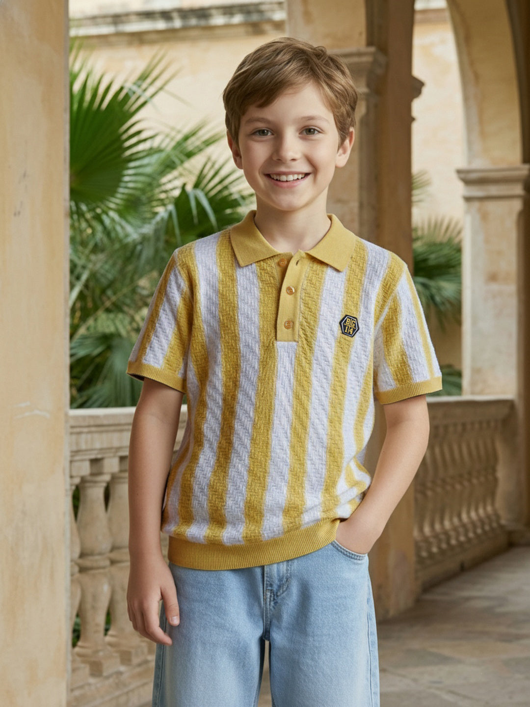 Blue Giraffe Boy Yellow Striped Cotton Polo T-Shirt