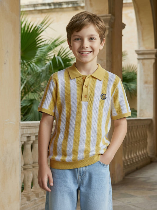 Blue Giraffe Boy Yellow Striped Cotton Polo T-Shirt