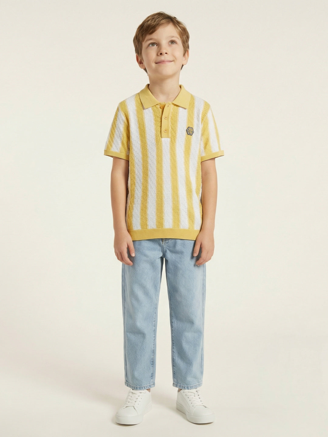 Blue Giraffe Boys Yellow & White Striped Regular Fit Pure Cotton Polo T-Shirt