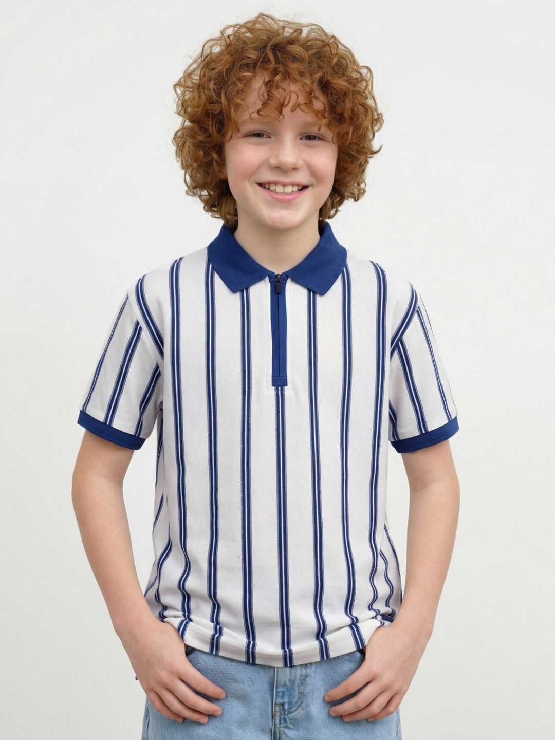 Blue Giraffe Boy White Striped Cotton Polo T-Shirt