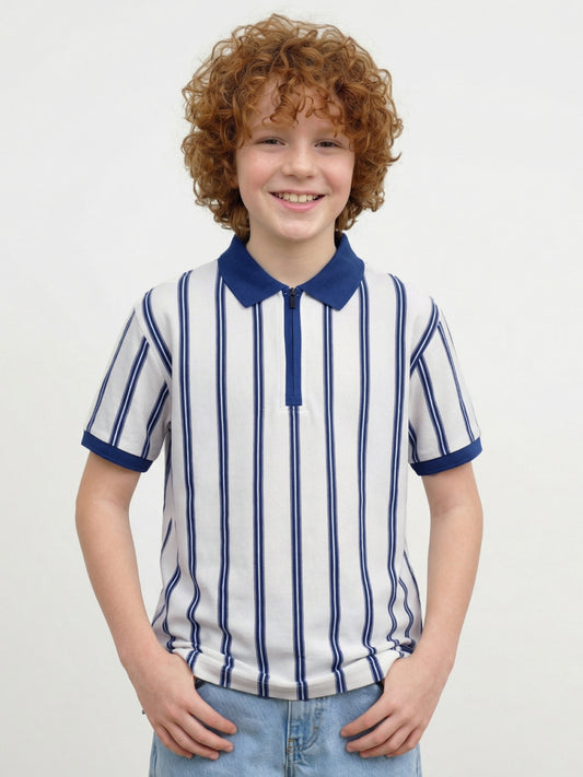 Blue Giraffe Boy White Striped Cotton Polo T-Shirt