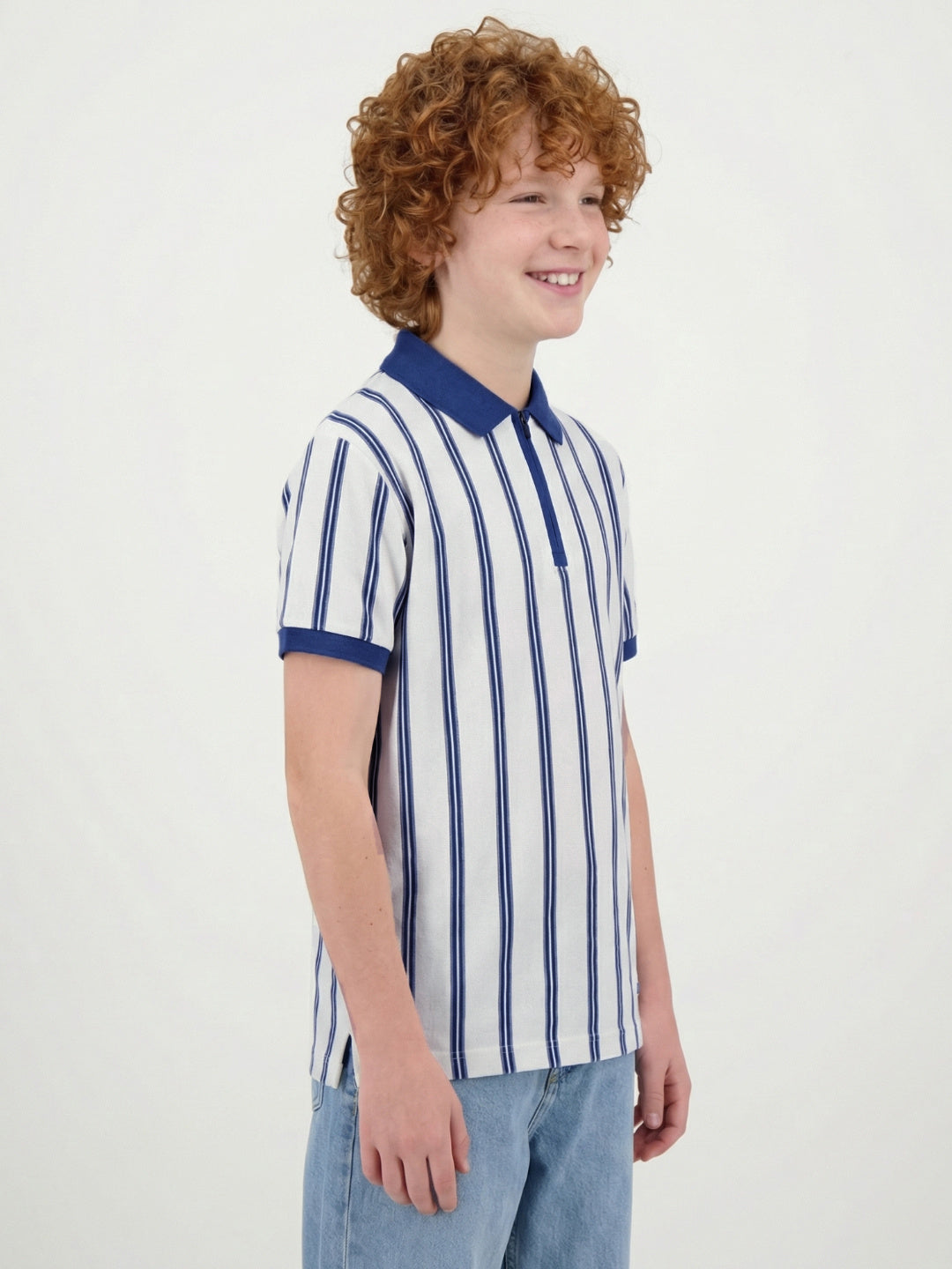 Blue Giraffe Boy White Striped Cotton Polo T-Shirt