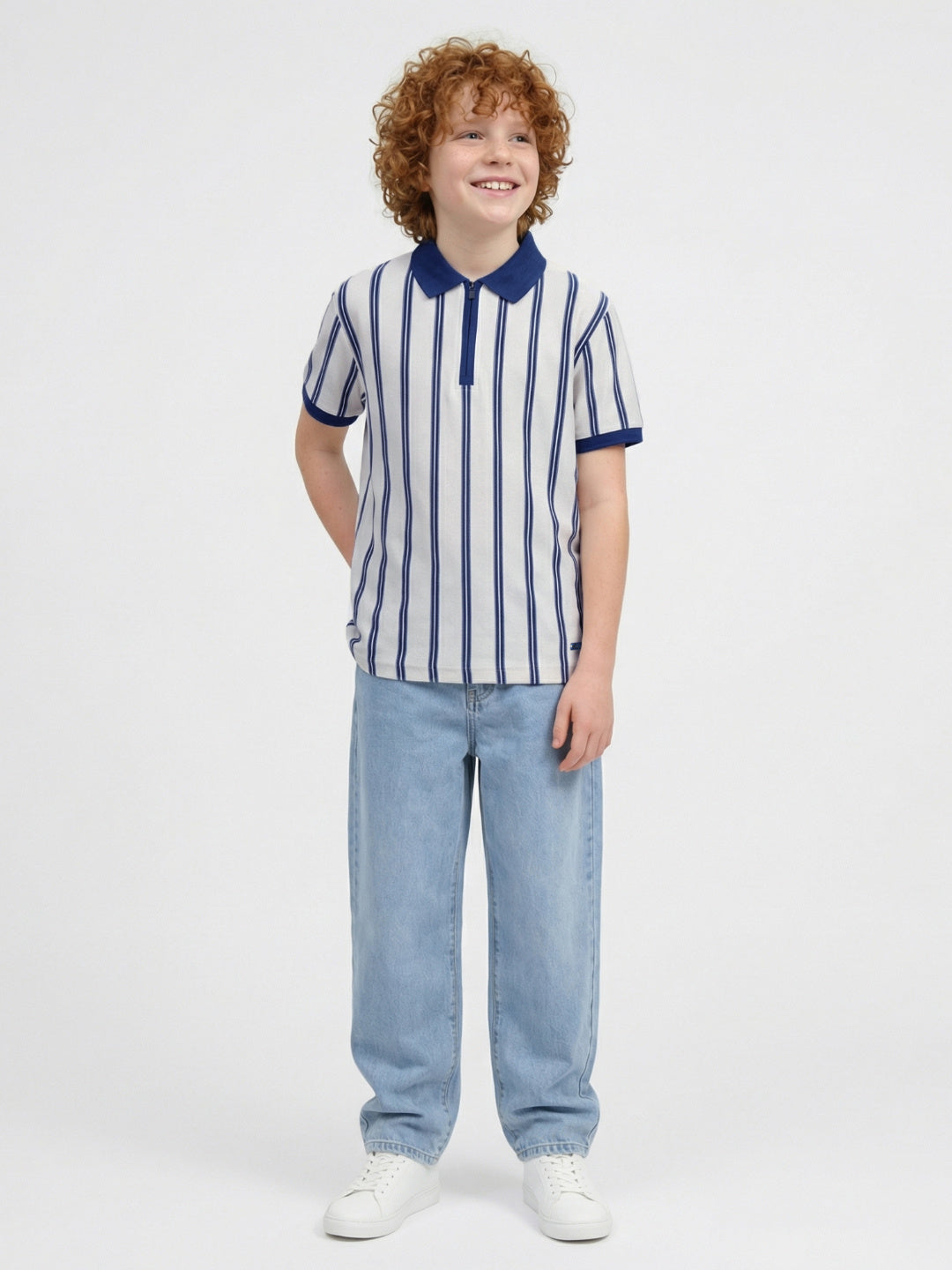 Blue Giraffe Boys White Striped Regular Fit Pure Cotton Polo T-Shirt