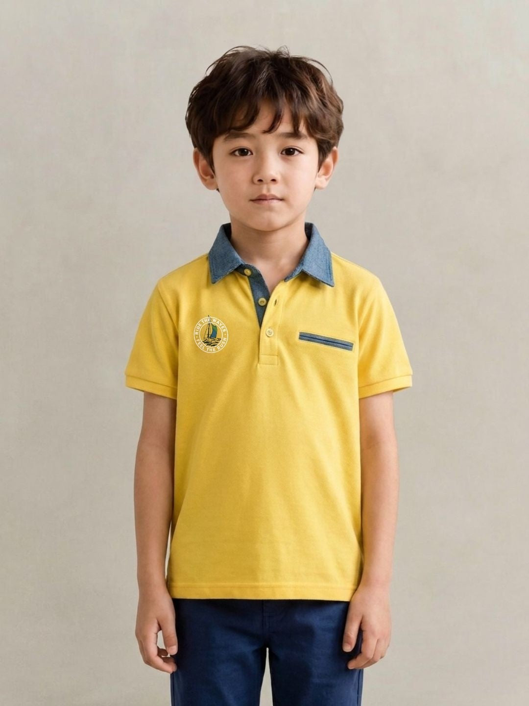 Blue Giraffe Yellow Cotton Boys Regular Fit Polo Tshirt