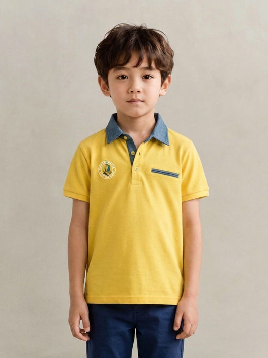 Blue Giraffe Yellow Cotton Boys Regular Fit Polo Tshirt