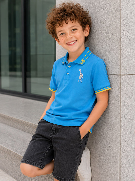 Blue Giraffe Boys Blue Solid Regular Fit Pure Cotton Polo T-Shirt