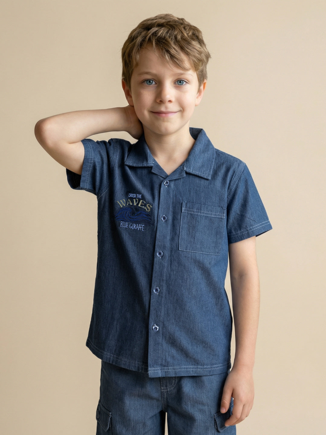 Blue Giraffe Boy Blue Embroidered Shirt