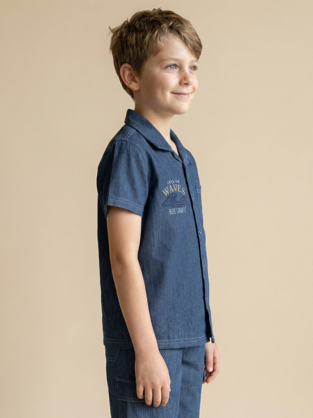 Blue Giraffe Boy Blue Embroidered Shirt