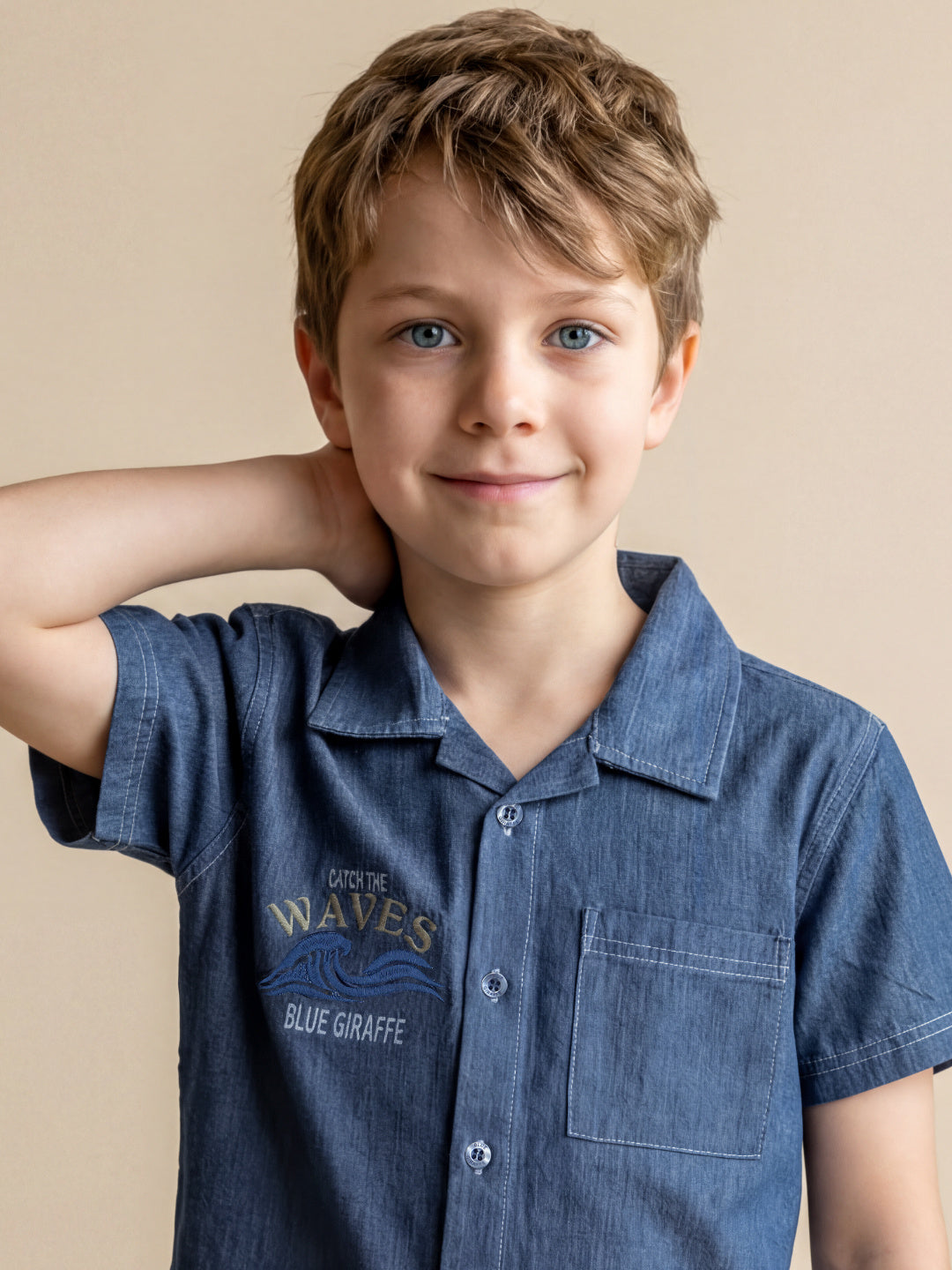 Blue Giraffe Boy Blue Embroidered Shirt