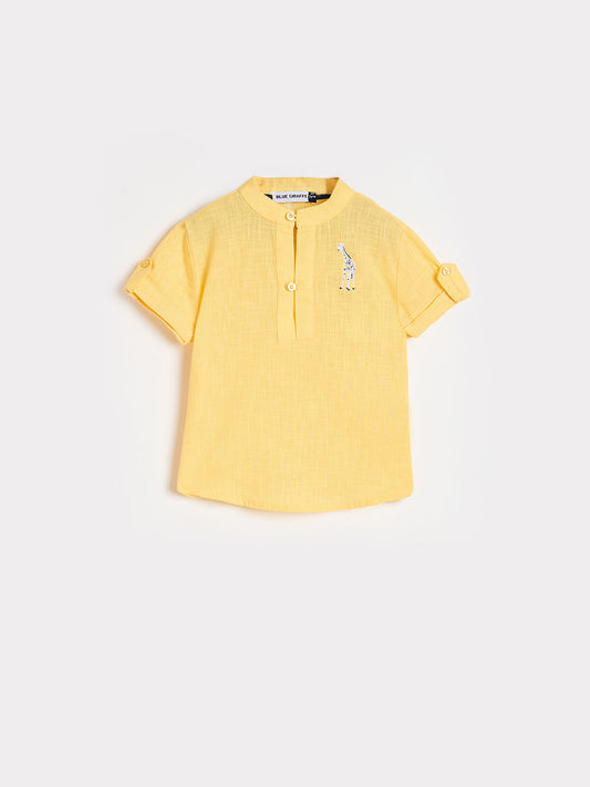 Blue Giraffe Boys Yellow Mandarin Collar Shirt