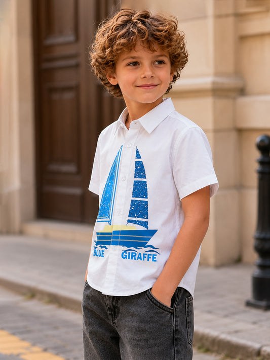 Blue Giraffe Boys White Printed Shirt