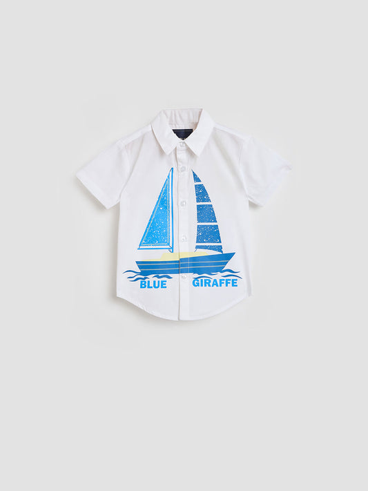 Blue Giraffe Boys White Printed Shirt