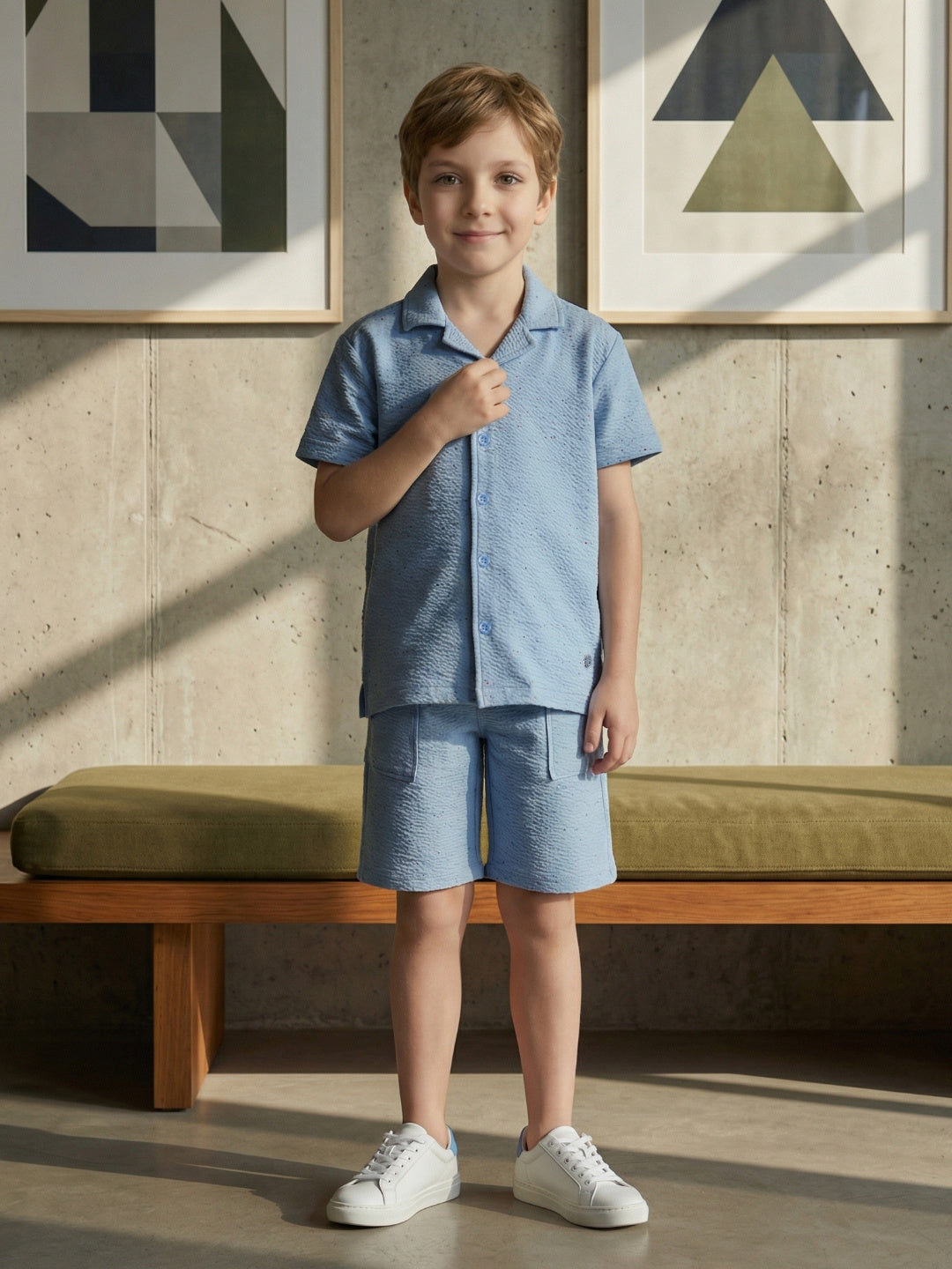 Blue Giraffe Boy Blue Textured Mid Rise Shorts