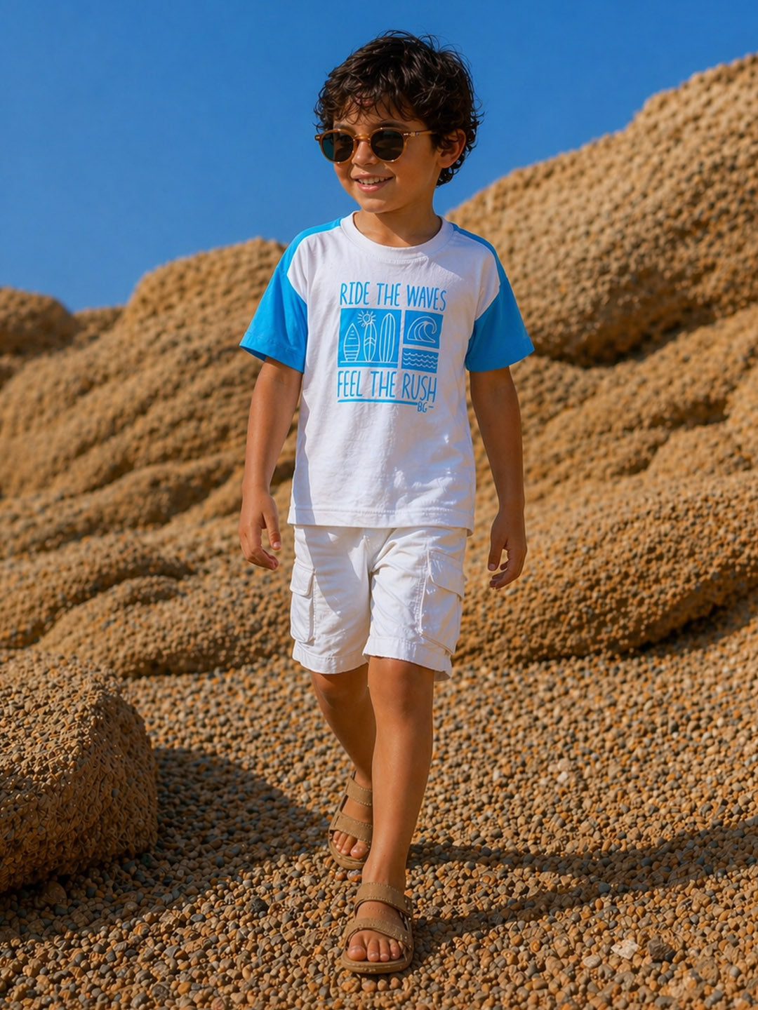 Blue Giraffe Boys White Printed Boxy Fit Pure Cotton T-Shirt