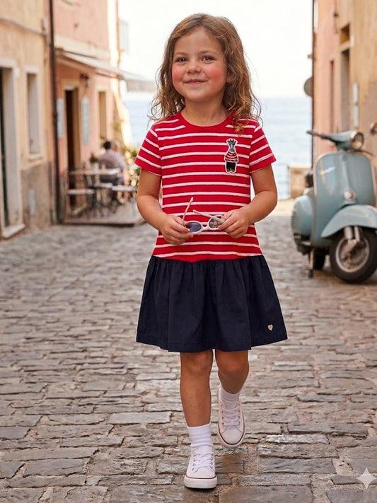 Blue Giraffe Red Striped Stretchable A-Line Fit Dress
