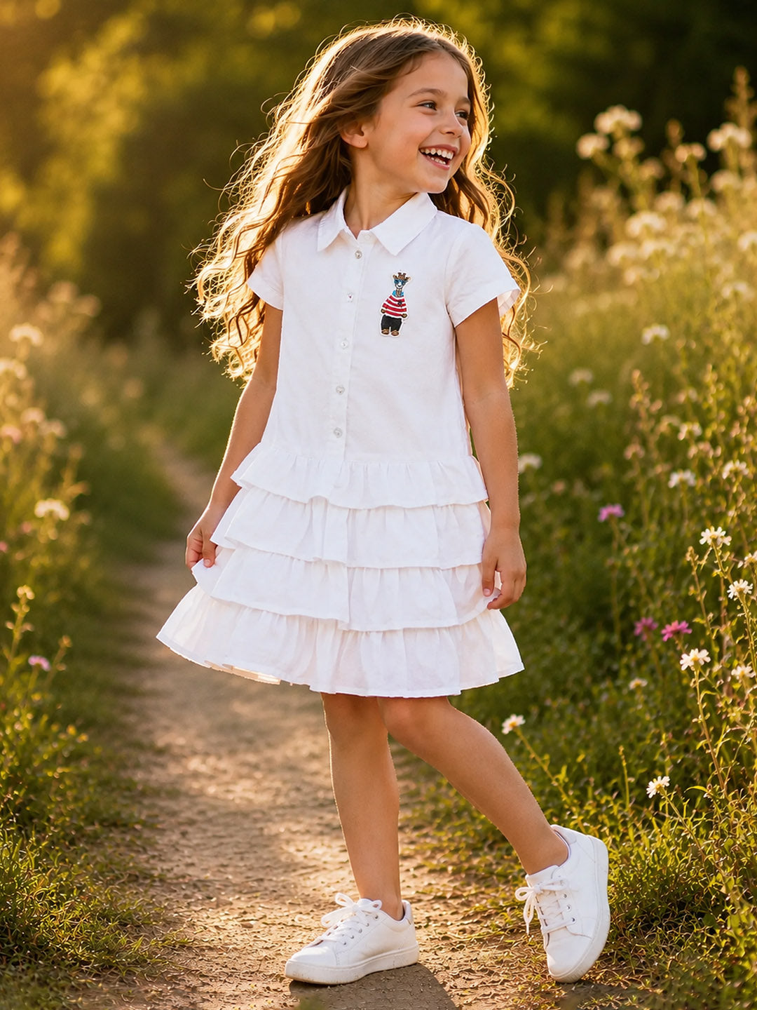 Blue Giraffe Girls White Solid A-Line Fit Pure Cotton Dress