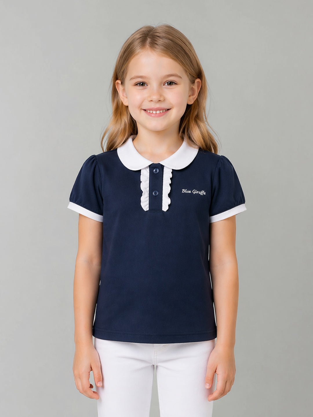 Blue Giraffe Navy Cotton Solid Girls Tshirt