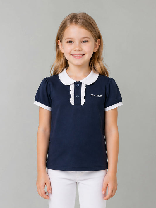 Blue Giraffe Navy Cotton Solid Girls Tshirt