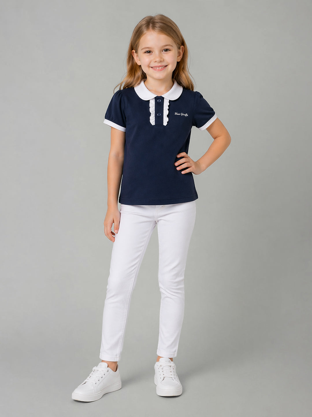Blue Giraffe Navy Cotton Solid Girls Tshirt