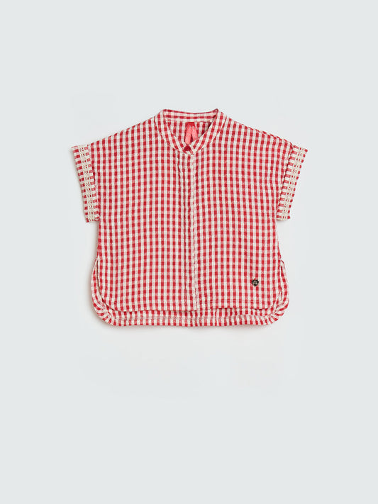 Blue Giraffe Girls Red Checked Mandarin Collar Top