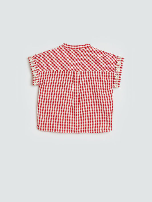 Blue Giraffe Girls Red Checked Mandarin Collar Top