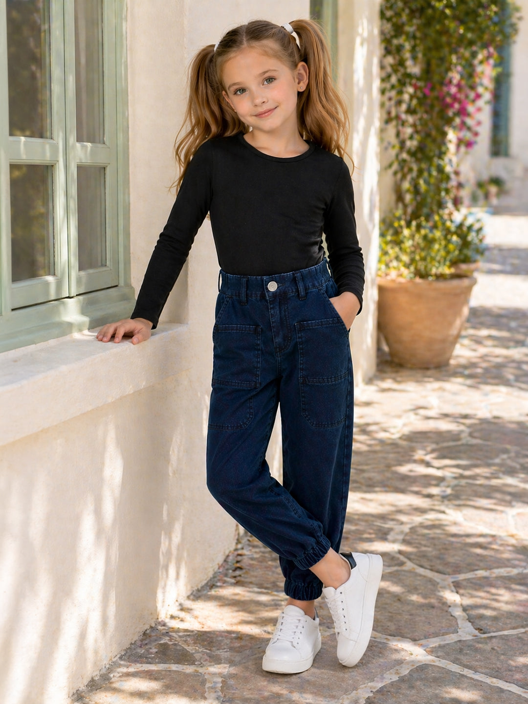 Blue Giraffe Blue Cotton Solid Girls Jeans