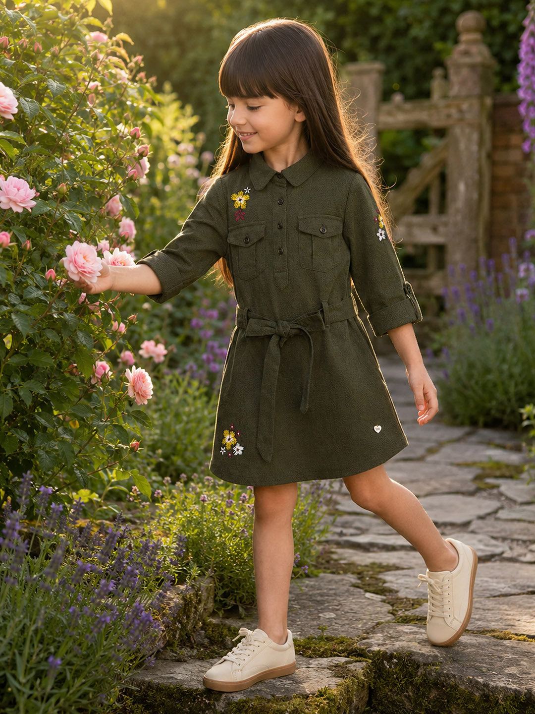 Blue Giraffe Girls Green Embroidered Patch Pocket Midi Dress