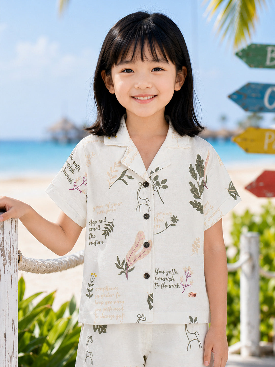 Blue Giraffe Girls Cream Printed Regular Fit Pure Cotton Top