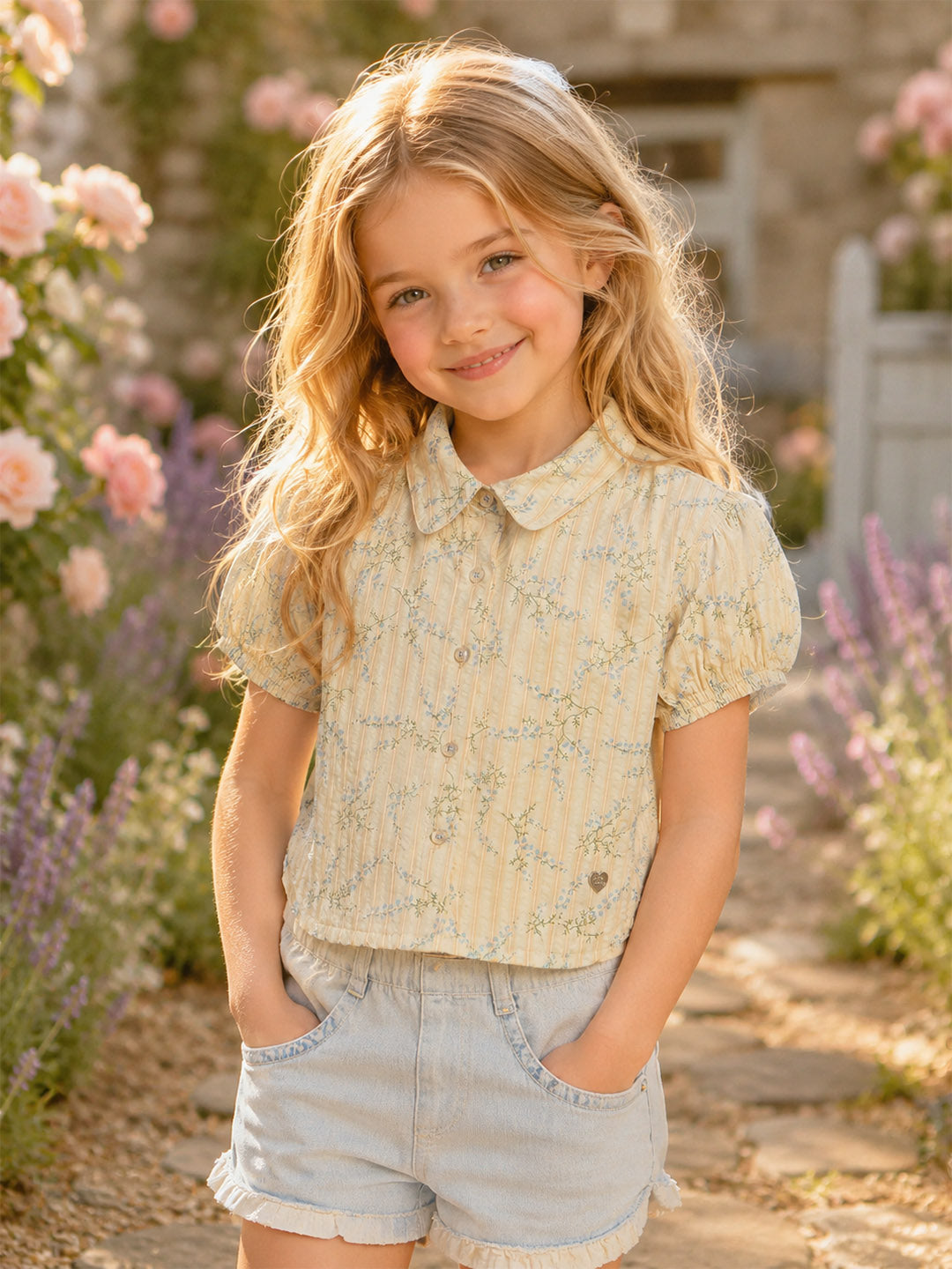 Blue Giraffe Girls Beige Printed Top