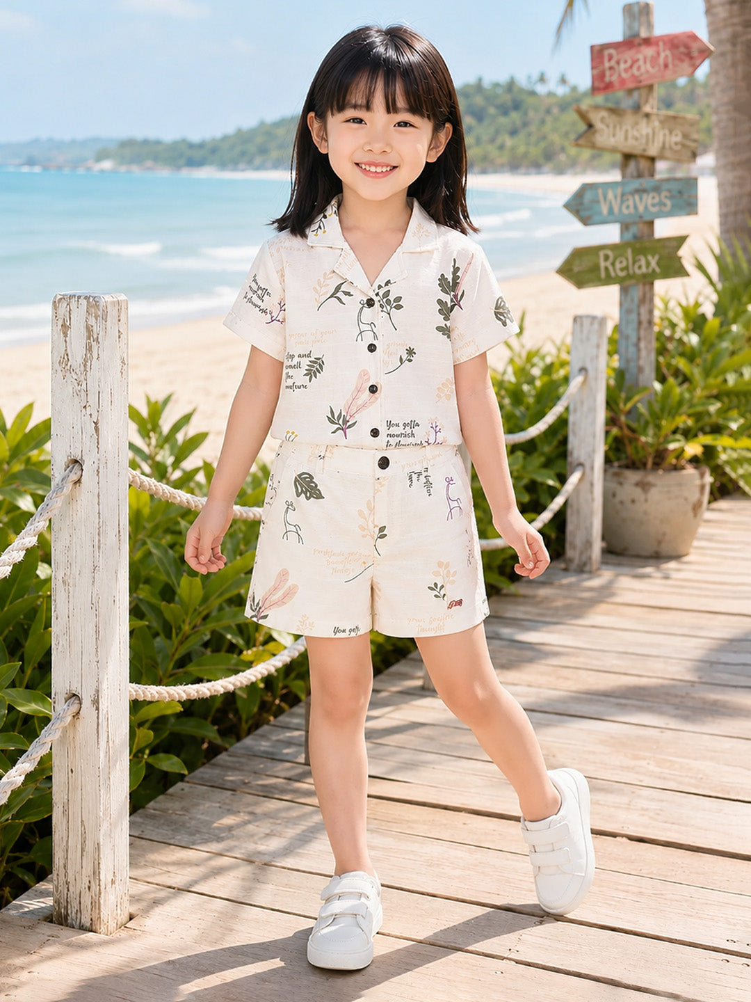 Blue Giraffe Girls Cream Printed Regular Fit Pure Cotton Shorts