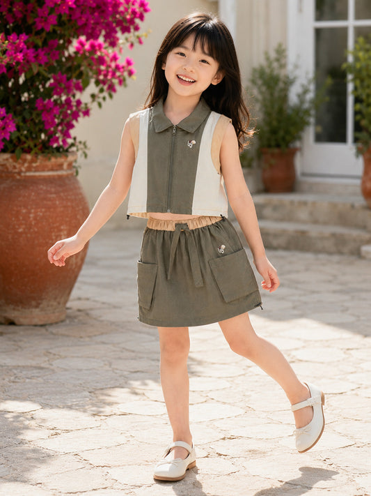 Blue Giraffe Girls Olive Green Solid Baggy Fit Skirt