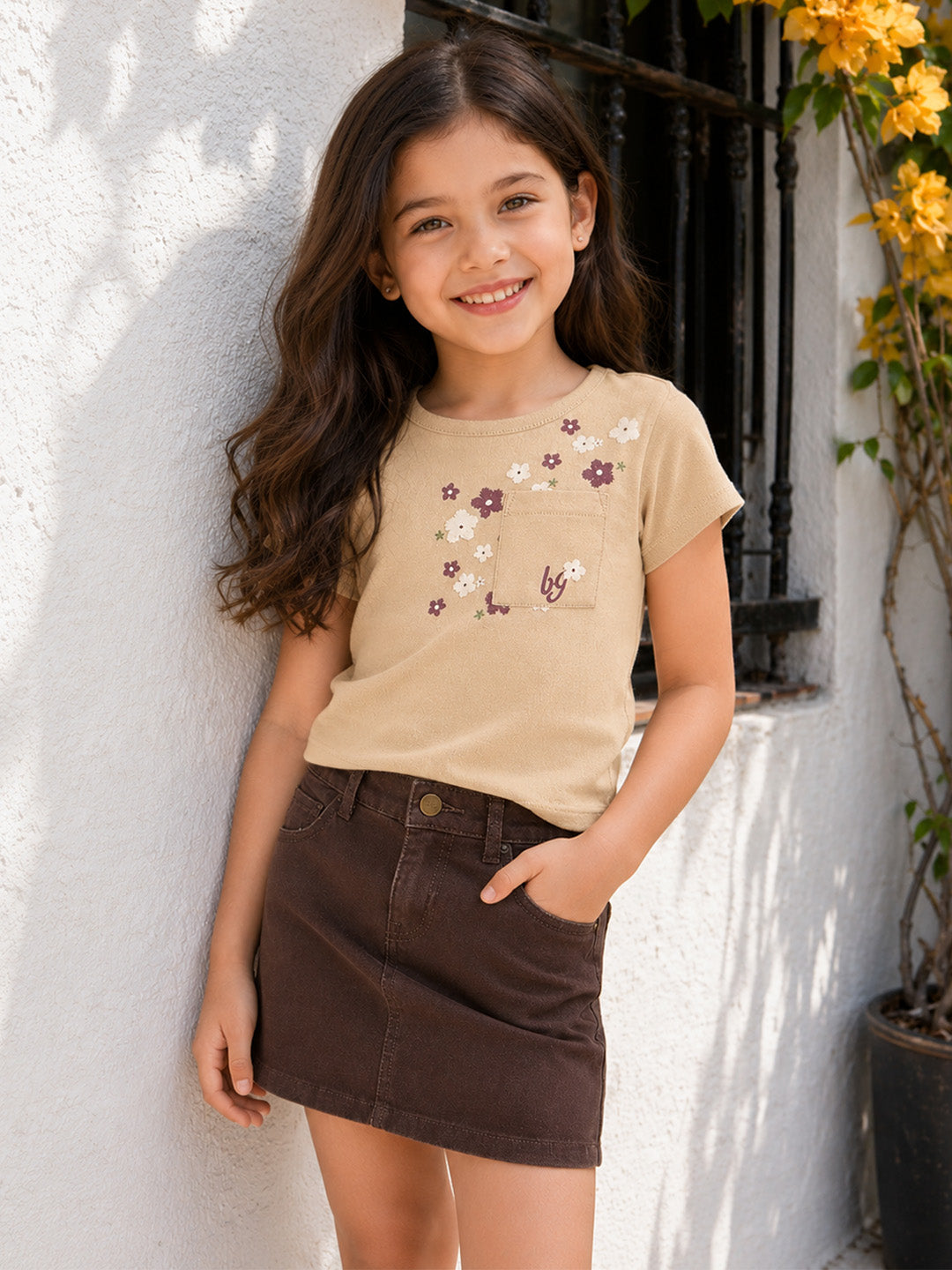 Blue Giraffe Girls Beige Embroidered Round Neck T-Shirt
