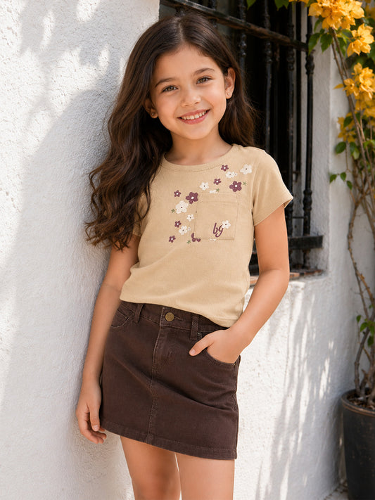 Blue Giraffe Girls Beige Embroidered Regular Fit Pure Cotton T-Shirt