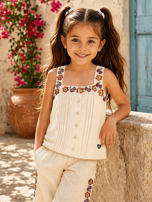 Blue Giraffe Girls Cream Embroidered Regular Fit Top